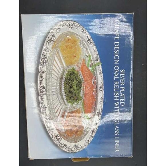 1980s Godinger Silver Plated Grape Oval Relish Tray w/ Glass Insert 16x12 VTG - Picture 12 of 15